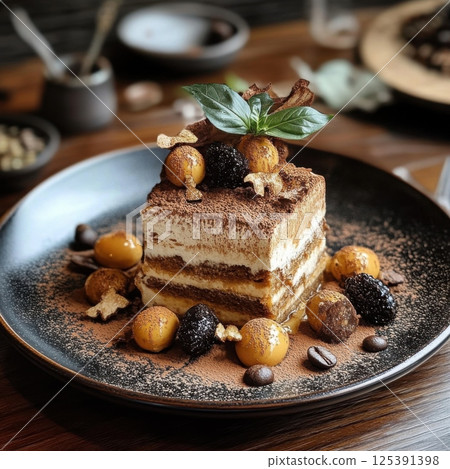 Tempting dessert on a plate featuring beautiful presentation and an appetizing appearance for sharing 125391398
