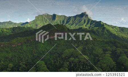 Towering green tropical forest mountain hill, mount Otemanu on Bora Bora island. Explore French Polynesia breathtaking views. Remote wild nature paradise, exotic summer travel. Aerial drone flight Towering green tropical forest mountain hill, mount Otemanu on Bora Bora island. Explore French Polynesia breathtaking views. Remote wild nature paradise, exotic summer travel. Aerial drone flight 125391521