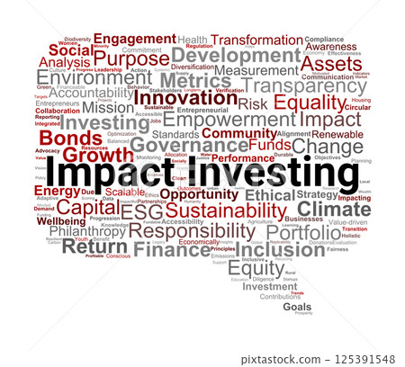 Impact Investing Word Cloud. Key Terms for Sustainable Finance and Social Impact Impact Investing Word Cloud. Key Terms for Sustainable Finance and Social Impact 125391548