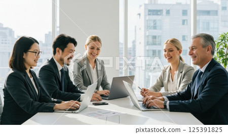 Diverse business team smiling and working together (ai generated image) 125391825
