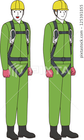 A construction worker wearing a fall prevention full harness and lanyard. A smiling man 125391855