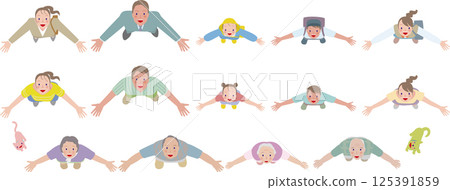 Families dressed for work or school. Families dressed casually. Three or four generations looking up and smiling. Families dressed for work or school. Families dressed casually. Three or four generations looking up and smiling. 125391859