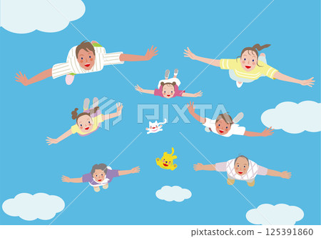 Smiling parents and children, a three-generation family. Flying in the blue sky. Smiling parents and children, a three-generation family. Flying in the blue sky. 125391860