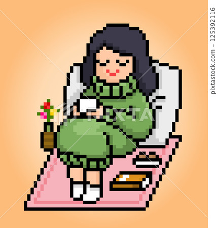 8-bit pixels the theme hygge. The cartoon of women sitting relaxing and drinking coffee in vector illustrations. 8-bit pixels the theme hygge. The cartoon of women sitting relaxing and drinking coffee in vector illustrations. 125392116