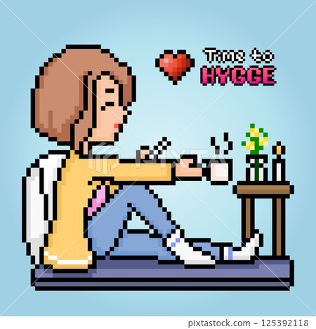 8-bit pixels the theme hygge. The cartoon of women sitting relaxing and drinking coffee in vector illustrations. 8-bit pixels the theme hygge. The cartoon of women sitting relaxing and drinking coffee in vector illustrations. 125392118