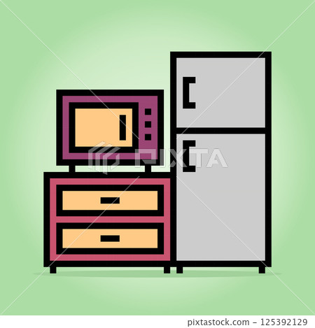 8 bit pixel Microwave, refrigerator and desk in vector illustrations for game assets. Kitchen electronic tool in Pixel Art. 8 bit pixel Microwave, refrigerator and desk in vector illustrations for game assets. Kitchen electronic tool in Pixel Art. 125392129