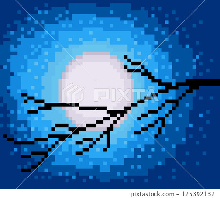 8 bit pixel scenery. Moon at night in pixel art, Vector illustration for game assets or cross stitching patterns. 125392132