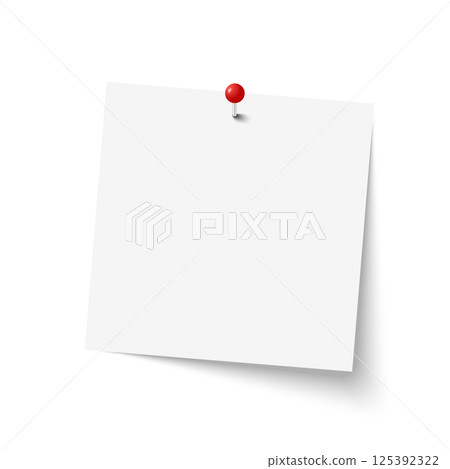 Realistic white sticky note with a red pushpin. Perfect for reminders, office designs, and business graphics. Realistic white sticky note with a red pushpin. Perfect for reminders, office designs, and business graphics. 125392322