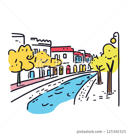 San Antonio River Walk illustration in an doodle inca cartoon style. Simple minimalist drawing of San Antonio River Walk San Antonio River Walk illustration in an doodle inca cartoon style. Simple minimalist drawing of San Antonio River Walk 125392325