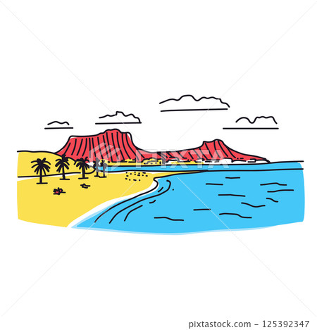 Waikiki Beach illustration in an doodle inca cartoon style. Simple minimalist drawing of Waikiki Beach 125392347