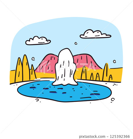 Yellowstone National Park illustration in an doodle inca cartoon style. Simple minimalist drawing of Yellowstone National Park Yellowstone National Park illustration in an doodle inca cartoon style. Simple minimalist drawing of Yellowstone National Park 125392366