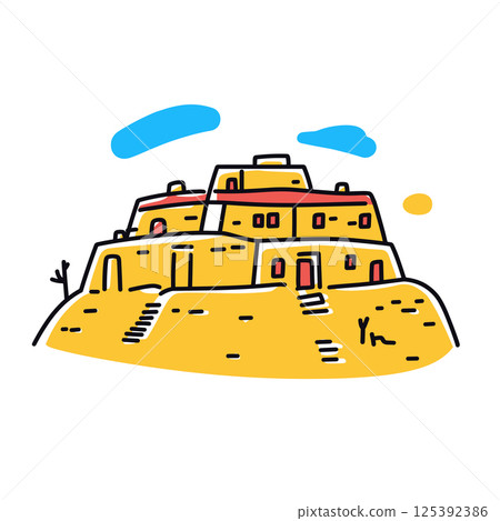 Mesa Verde illustration in an doodle inca cartoon style. Simple minimalist drawing of Mesa Verde Mesa Verde illustration in an doodle inca cartoon style. Simple minimalist drawing of Mesa Verde 125392386