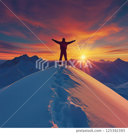 Hiker celebrating reaching snowy mountain peak at sunset Hiker celebrating reaching snowy mountain peak at sunset 125392393