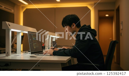 Japanese male programmer concentrating on work (AI generated image) Japanese male programmer concentrating on work (AI generated image) 125392417