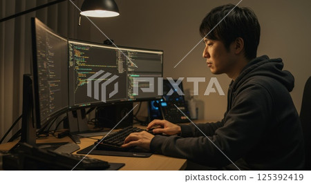 專心工作的日本男性程式設計師（AI 產生的圖像） 125392419