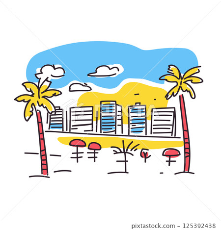 Miami South Beach illustration in an doodle inca cartoon style. Simple minimalist drawing of Miamis South Beach 125392438