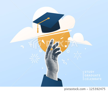Graduate vector illustration background. Halftone effect student hand, cap in sky, sun. Education graduation congratulation banner. Celebrate grad class of 2025, cool fun art collage design Graduate vector illustration background. Halftone effect student hand, cap in sky, sun. Education graduation congratulation banner. Celebrate grad class of 2025, cool fun art collage design 125392475