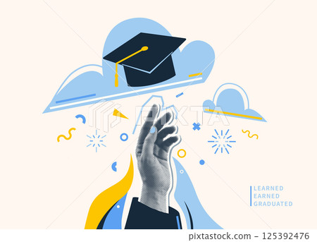 Graduate vector illustration background. Halftone effect student hand, cap in sky. Education graduation congratulation banner. Celebrate grad class of 2025, cool fun art collage design Graduate vector illustration background. Halftone effect student hand, cap in sky. Education graduation congratulation banner. Celebrate grad class of 2025, cool fun art collage design 125392476