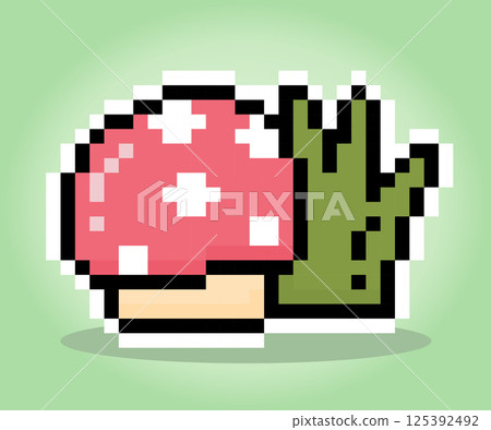 8 bit pixel mushroom icon. Plants for game assets and cross stitching patterns in vector illustrations. 8 bit pixel mushroom icon. Plants for game assets and cross stitching patterns in vector illustrations. 125392492