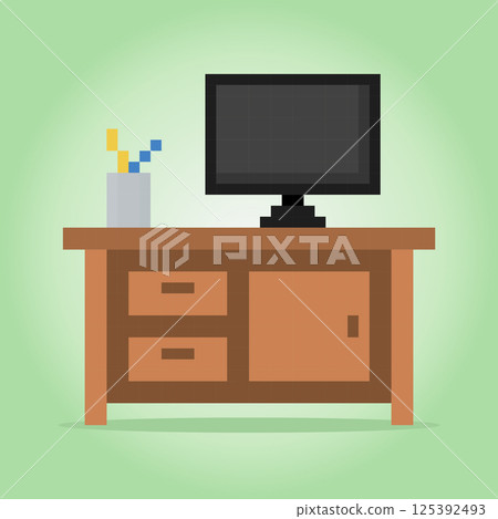 8 Bit Pixel work place in Vector Illustration for Game Assets. Flat desktop on desk in Pixel Art. 8 Bit Pixel work place in Vector Illustration for Game Assets. Flat desktop on desk in Pixel Art. 125392493