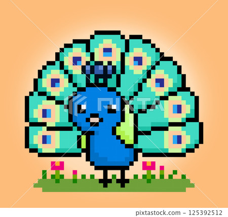 8 bit Pixel peacock bird. Animal game assets in vector illustration. 125392512