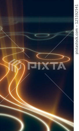 Glowing abstract fluid lines in a dark space, forming flowing energy paths in golden and white hues Glowing abstract fluid lines in a dark space, forming flowing energy paths in golden and white hues 125392541