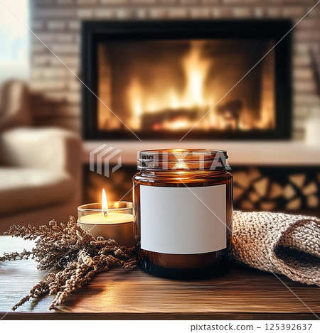 Amber glass candle in country house home interior, candle jar label mockup, cozy lifestyle candle branding template 125392637