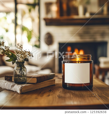 Amber glass candle in country house home interior, candle jar label mockup, cozy lifestyle candle branding template 125392638