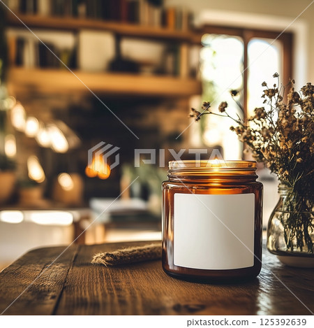 Amber glass candle in country house home interior, candle jar label mockup, cozy lifestyle candle branding template 125392639