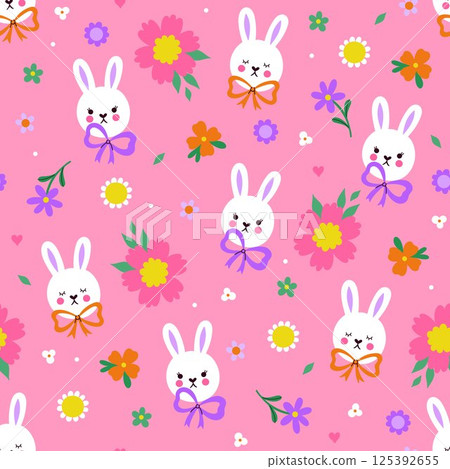 Seamless pattern with cute bunny faces, bows and flowers. Vector graphics 125392655