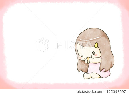Illustration of a mini character girl eating sweets - with frame Illustration of a mini character girl eating sweets - with frame 125392697