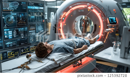 A patient lies calmly inside an MRI machine in a hospital. The concept of advanced medical imaging, healthcare technology, and diagnostic precision. Generative AI 125392728