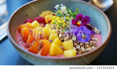 A vibrant smoothie bowl with fresh tropical fruits, granola, and edible flowers pic 125392824