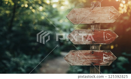 A rustic wooden signpost with hand-painted directions, soft-focus background with gentle lighting. pic 125392825