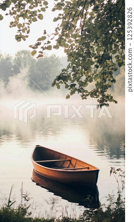 A peaceful lakeside scene with a lone rowboat and soft mist hovering over the water. pic 125392826