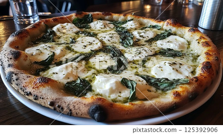 A pizza with a thin crust topped with fresh basil and mozzarella pic 125392906