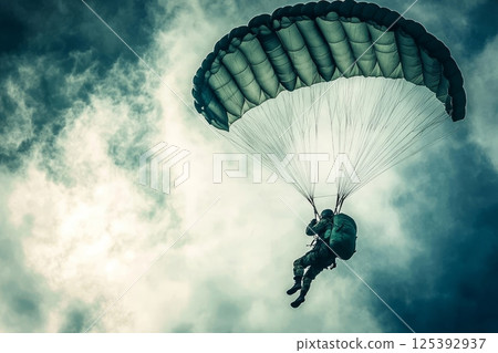 Silhouette of a parachutist with military gear against dramatic cloudy sky, showcasing aerial deployment and extreme military training 125392937