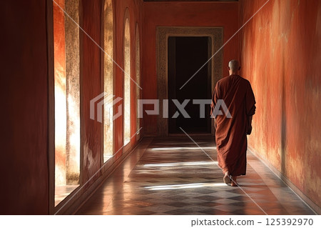 A solitary Buddhist monk in a saffron robe walks through a sunlit temple corridor with terracotta walls and ornate arched windows 125392970
