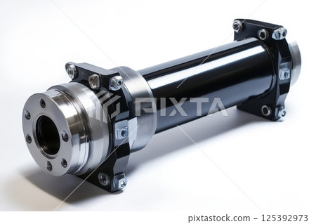 Close-up of a sleek black and silver hydraulic cylinder with precision engineering details, showcasing industrial technology and power 125392973