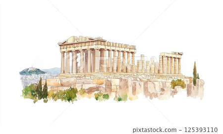 Acropolis of Athens. Acropolis of Athens hand drawn watercolor illustration 125393110