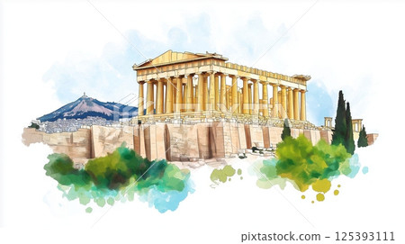 Acropolis of Athens. Acropolis of Athens hand drawn watercolor illustration 125393111