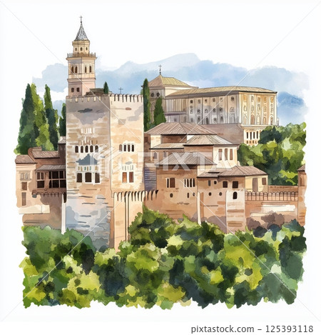 Alhambra. Alhambra hand drawn watercolor illustration 125393118