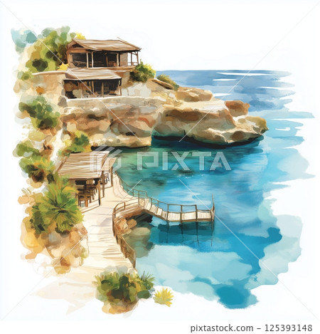 Blue Lagoon. Blue Lagoon hand drawn watercolor illustration 125393148