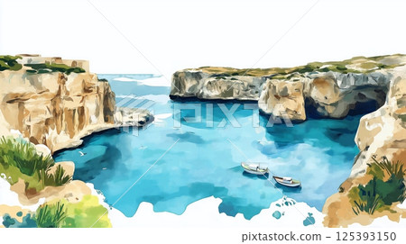 Blue Lagoon. Blue Lagoon hand drawn watercolor illustration 125393150