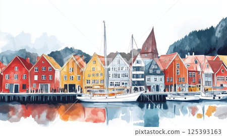 Bryggen Wharf. Bryggen Wharf hand drawn watercolor illustration 125393163