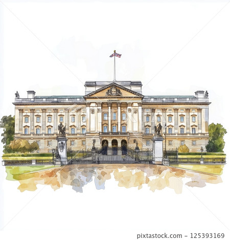 Buckingham Palace. Buckingham Palace hand drawn watercolor illustration 125393169