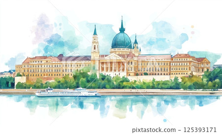 Buda Castle. Buda Castle hand drawn watercolor illustration 125393171