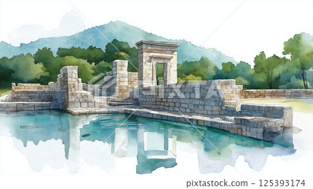 Butrint. Butrint hand drawn watercolor illustration Butrint. Butrint hand drawn watercolor illustration 125393174