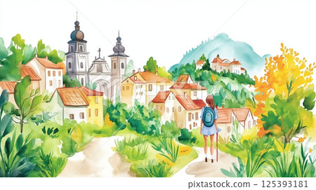 Camino de Santiago. Camino de Santiago hand drawn watercolor illustration Camino de Santiago. Camino de Santiago hand drawn watercolor illustration 125393181