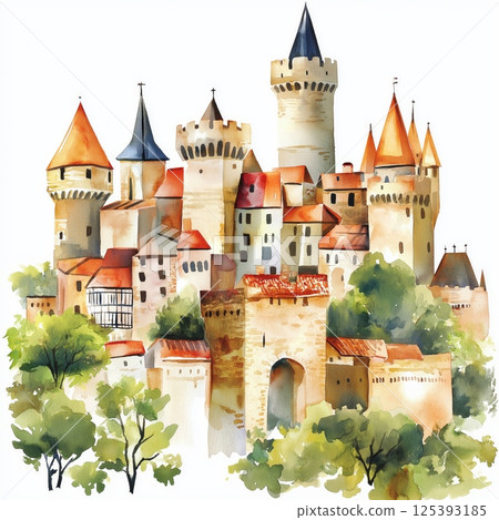 Carcassonne. Carcassonne hand drawn watercolor illustration 125393185